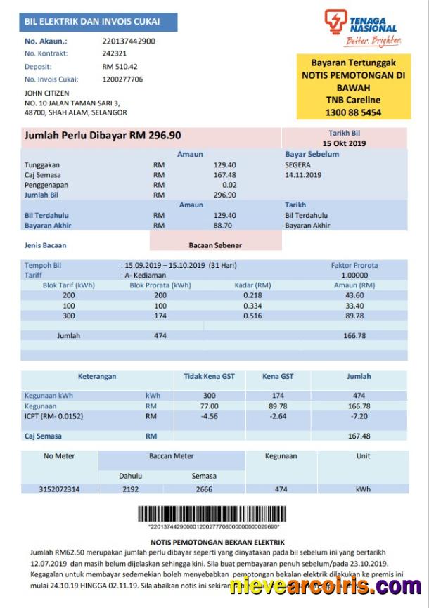 Malaysia Tenaga Nasional electricity utility bill